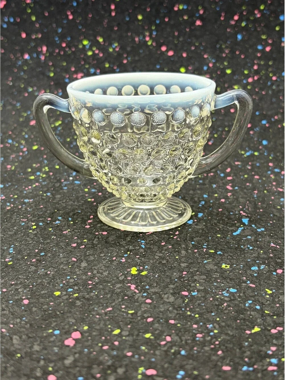 Vintage Clear Glass Hobnail Sugar Bowl with Lid and Two Handles
